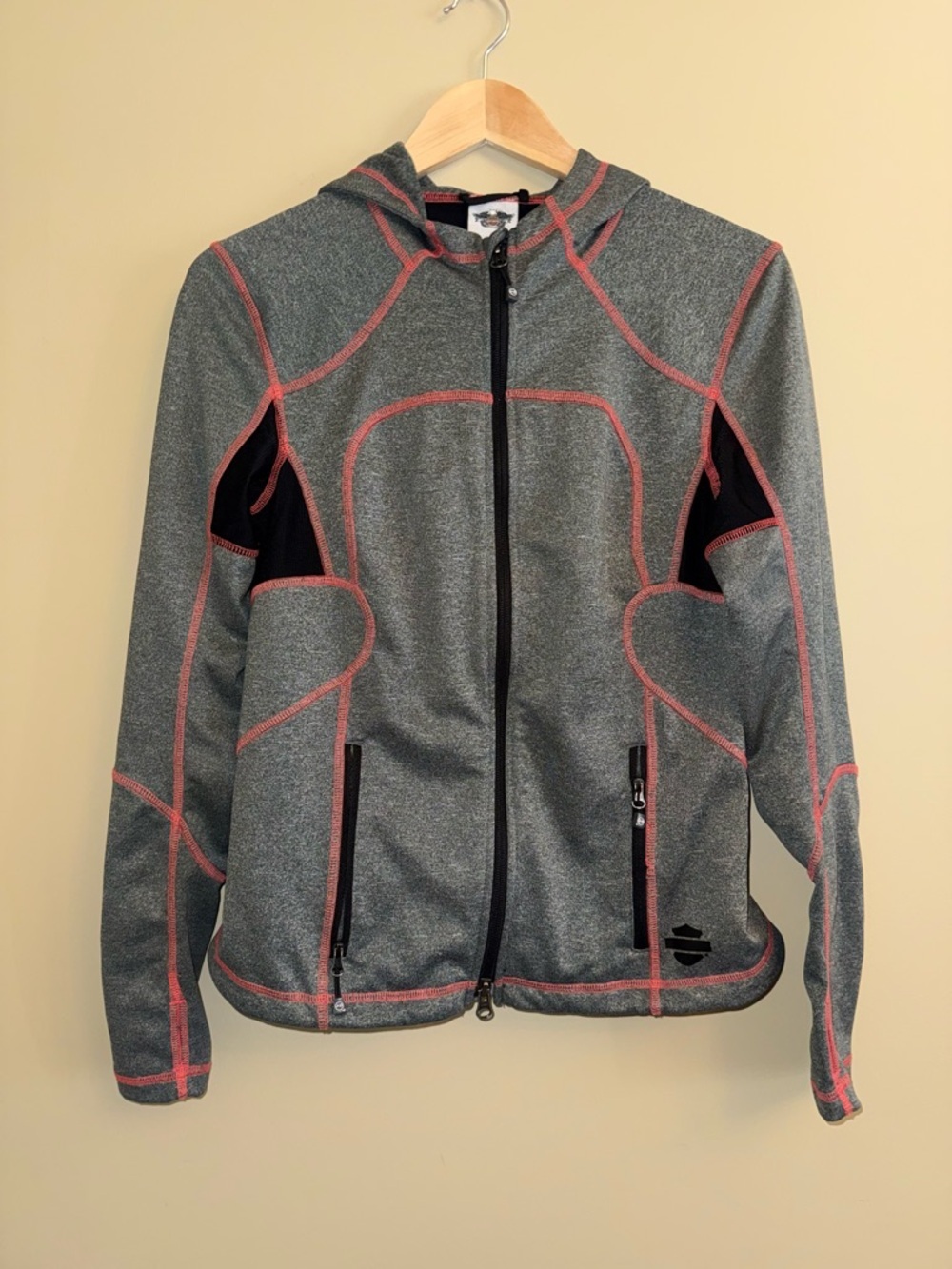 Harley Davidson Full Zip Hoodie M Grey Red Black Thumholes Athletic Comfy Warm
